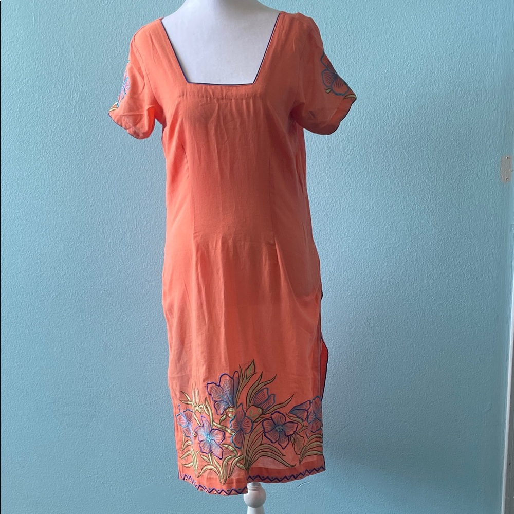 Source Unknown Orange Embroidered Floral Midi Dress